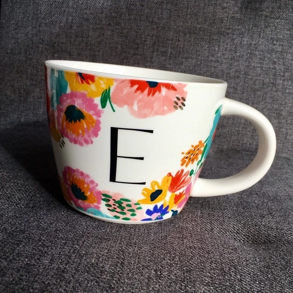 Floral E Initial Mug White Black Pink Blue Yellow 16 oz